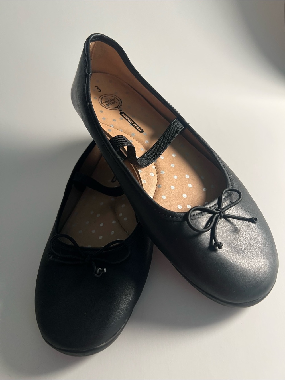 Wonder Nation Girls Black Ballet Flats with Bow and Elastic Strap Size 3